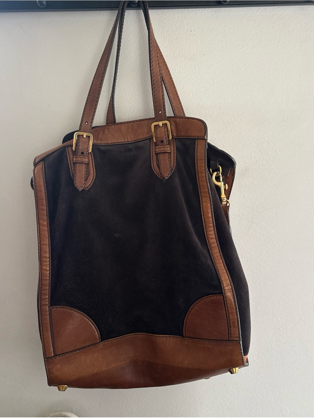 Miu Miu Dark Brown Suede and Chestnut Leather Tote with Gold Hardware - Picture 2 of 8